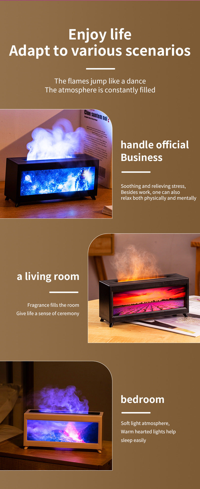 Home Fragrance Diffuser Simulated Fireplace Realistic Flames Aroma Humidifier Quiet Essential Oil Diffuser With Atmosphere Lamp